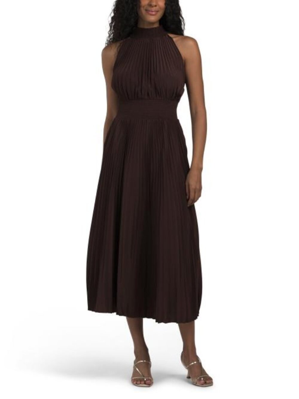 MARINA Pleated Satin Halter Midi Dress